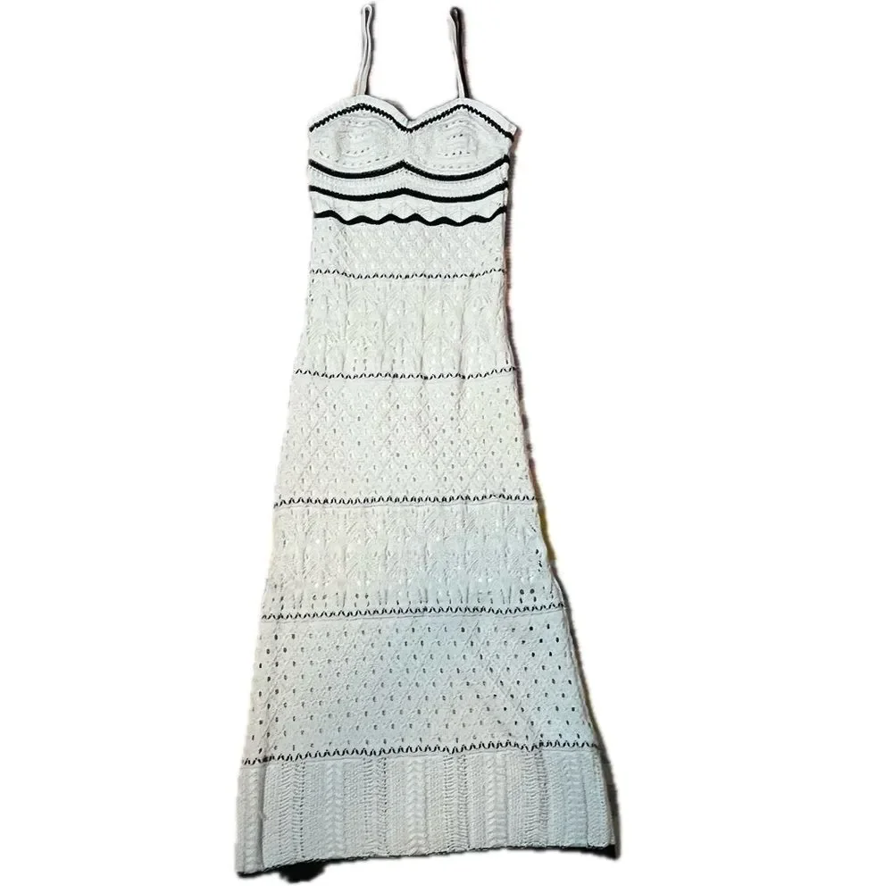 Olive + Oak Cream and Black Boho Crotchet Maxi Dress Lined XS